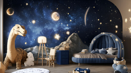  rendering children's room with night sky and moon background , A Children room with a jungle themed mural , beautiful room wall on dinosaur background 