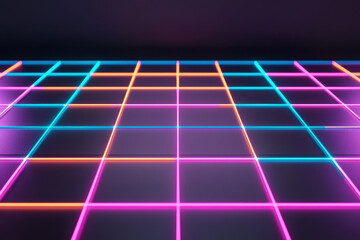 Futuristic digital grid glowing with radiant neon lines in vibrant colors. This visually striking design creates captivating atmosphere, perfect for various creative projects