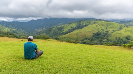 Fototapeta premium Man Meditating on Green Mountain Meadow Under Dramatic Sky