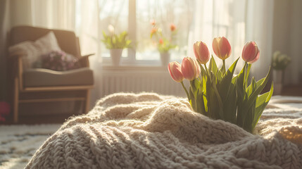Spring concept with pink tulips lying on a blanket in a bright modern interior , A beautiful banner for spring and summer on bed  ,  fresh blossom flowers in vase and on a bed
