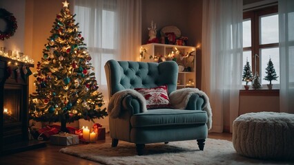 A cozy holiday room with a plush armchair and a sparkling Christmas tree, adorned with twinkling lights and colorful ornaments.