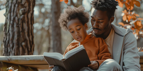African American father and son reading a book, teaching a parent to read at autumn park, concept of parenting preparing for school