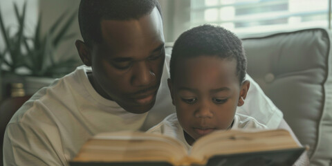 African American father and son reading a book, teaching a parent to read at home, concept of parenting preparing for school