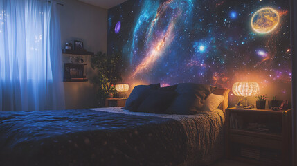 Interior of a bedroom with a large window, a blue bed and a nightstand , Child's bedroom interior is transformed , a bedroom with stars projected on ceiling
