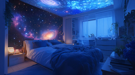 Interior of a bedroom with a large window, a blue bed and a nightstand , Child's bedroom interior is transformed , a bedroom with stars projected on ceiling
