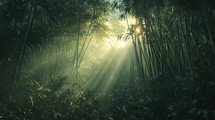 Obraz premium dense bamboo forest at twilight, with rays of fading light creating beautiful patterns through the bamboo.