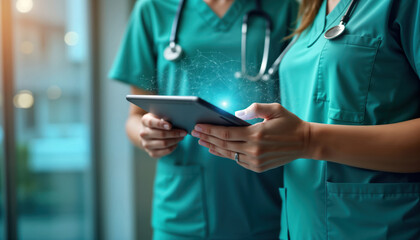 Medical professionals exchange patient data swiftly using tablet. Doctor, nurse collaborate during crisis intervention. Quick communication critical for patient care. Hospital setting. Modern health