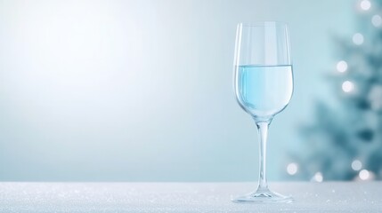 Elegant Glass of Water on a Soft Blue Background with Bokeh Lights