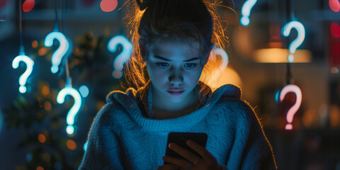 concept of finding solutions to difficult life situations in youth, Girl with a questioning expression looks at her phone surrounded by glowing question marks, denoting contemplation
