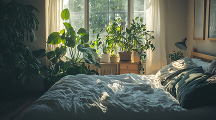 indoor plants that aid sleep placed in a bedroom , Minimalist  bedroom with filled with natural light , green plants in bedroom for improving sleep quality
