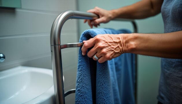 Elderly woman uses modern bathroom handrail to hang blue towel. Safety, accessibility features evident in contemporary bathroom design. Focus on aging well in secure home environment. Modern
