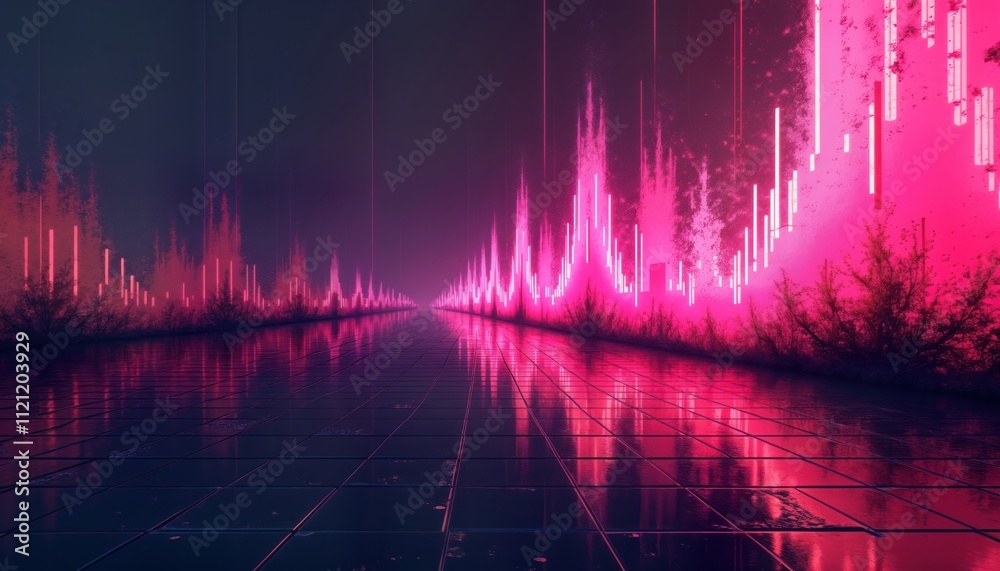 Poster Abstract digital radio wave path. Pink neon lines create pixelated noise effect. Glitch graphics form futuristic pathway. Abstract digital art. Vibrant colors. Digital wave. Technology concept.