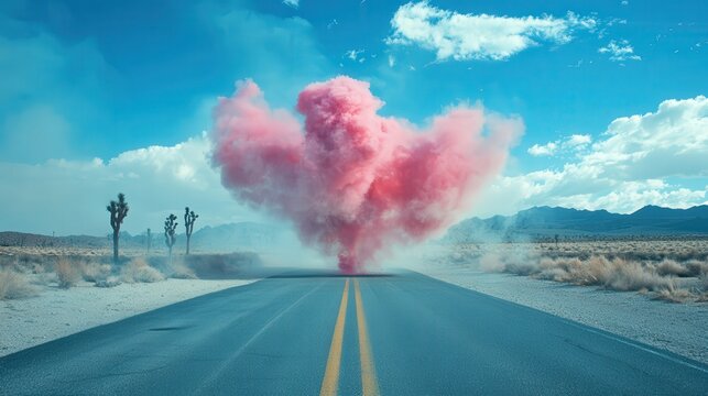 cloud of smoke emerging from a bomb in the center of a quiet road. The thick, colored smoke contrasts with the clear blue sky, creating a powerful visual effect