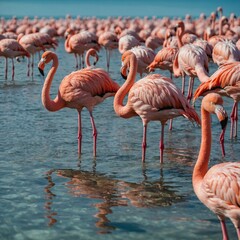 Obraz premium A flock of flamingos standing in the shallow, clear lagoon near the sea.