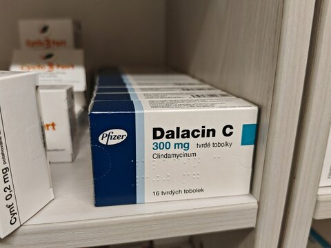 Prague,Czech Republic-January 16 2025: Dalacin C by PFIZER contains CLINDAMYCIN, an antibiotic used to treat bacterial infections, including skin, respiratory, and soft tissue infections.	
