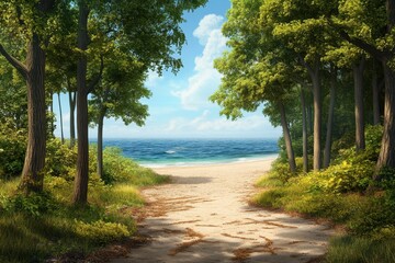 Coastal path through lush trees leading to a serene beach and calm ocean waters