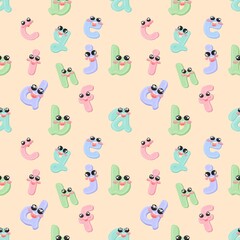 Seamless pattern with pastel colored letters and a smile.