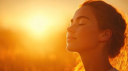 Young Woman Enjoying Golden Hour Sunrise in Peaceful Outdoor Setting