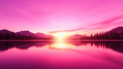 Obraz premium Breathtaking pink sunset over a tranquil lake surrounded by mountains and trees, reflecting the vibrant colors in the calm water