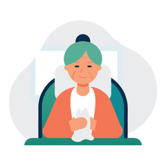 Fototapeta premium Elderly woman sitting in a chair and holding a napkin. Flat vector illustration.