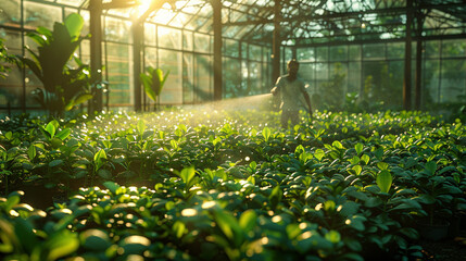 Greenhouse Gardener Tending to Lush Vegetation