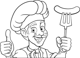 A chef cartoon barbecue cook man giving a thumbs up and holding a hotdog or grilled sausage a BBQ or cooking fork and peeking around sign or menu, mascot character illustration
