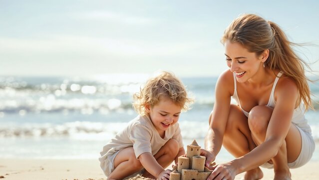 Mother's Day. Mother and child building a sandcastle on the beach with joyful smiles for Mother's Day concept
