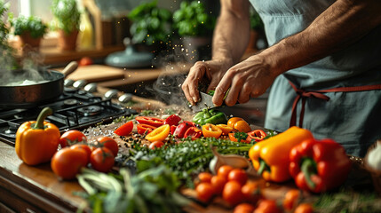 Man Cooking Gourmet Meal with Fresh Ingredients
