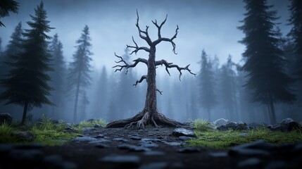 Dead Tree in Foggy Forest 