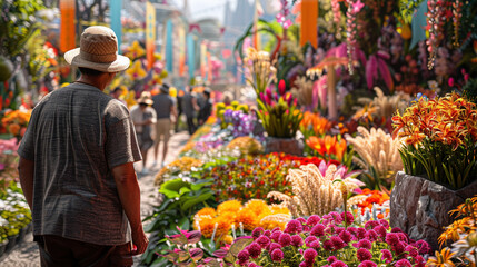Man Admiring Vibrant Floral Displays at Festival
