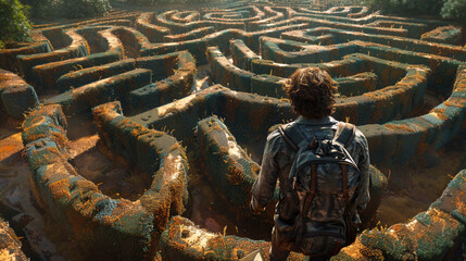 Man Navigating Complex Maze Pathways