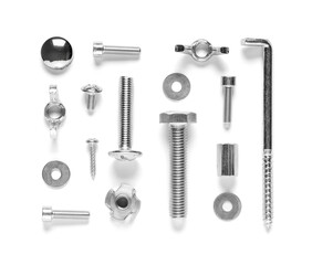 Arrangement of different tap bolts, screws and chrome nuts isolated on white background