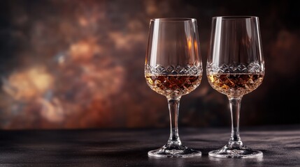 Two crystal wine glasses with amber liquid against a soft, warm blurred background