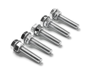 Row of tap bolts with chrome nuts isolated on white background