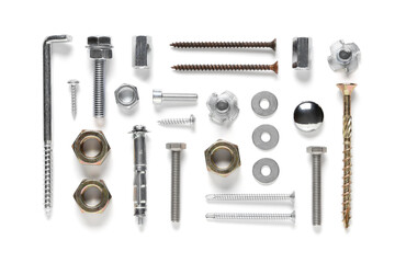 Arrangement of different tap bolts, screws and chrome nuts isolated on white background