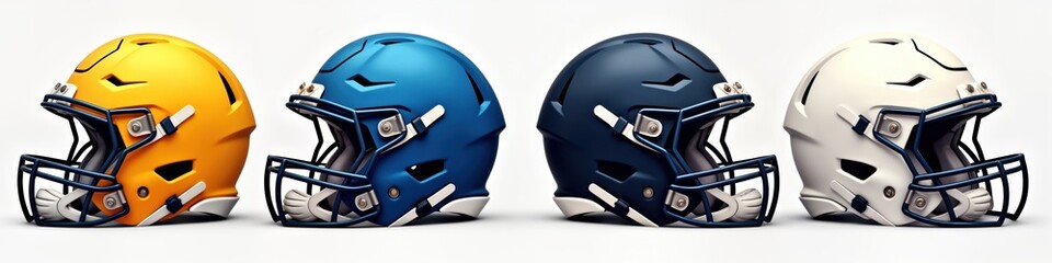 Fototapeta premium Four football helmets in different colors displayed on white background. Helmets isolated, presented in various shades. Helmets designed for protection. Image provides variety of sport gear options.