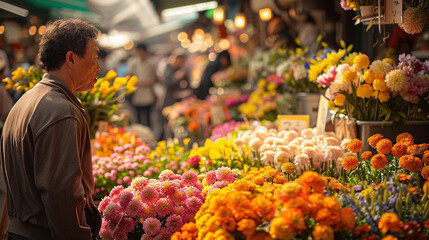 Man Observing Vibrant Flower Arrangements at Festival