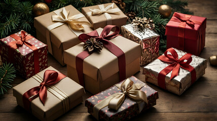 Christmas gift boxes, holiday gifts, festive wrapping, Christmas presents, gift wrapping, decorative boxes, ribbon, bows, holiday cheer, seasonal gifts, gift packaging, wrapped presents, Christmas 