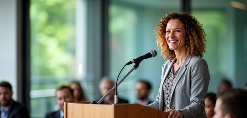 Confident woman speaks at podium. Public speaker addresses audience. Business conference event. Pro setting. Modern conference room. Woman gives presentation. Smiling woman engaging audience.