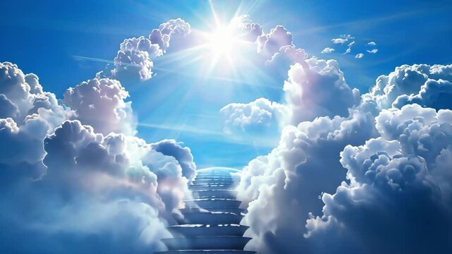 The sky is filled with clouds and the sun is shining through them. The clouds are white and fluffy, and they look like they are reaching up to the sky. The sun is shining brightly, creating a warm