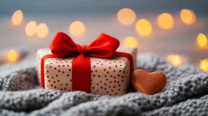 Obraz premium Gift Box with Red Ribbon and Heart on Cozy Knitted Blanket with Blurred Lights in Background