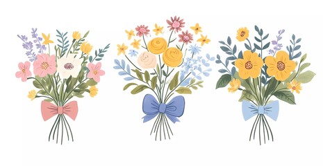 Set of spring flower bouquets with a bow, isolated on a white background. Flat design illustration, in a cartoon style, with minimalism and simple shapes.