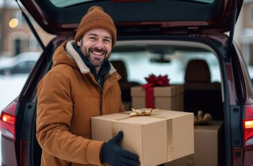 male courier puts gift cartons with a red ribbon in the trunk of a car. Christmas gift delivery, shopping.