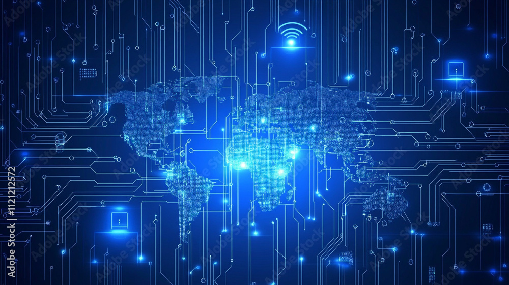 Poster internet connection world map with neon light effects, internet, business, technology and network co