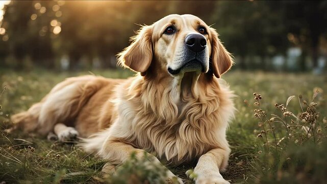 golden video dog lying outdoors gold spring portrait animal pet grass nature canino doggy happy white beautiful cute hair happiness cheerful blond domestic mammal breed purebred flower green