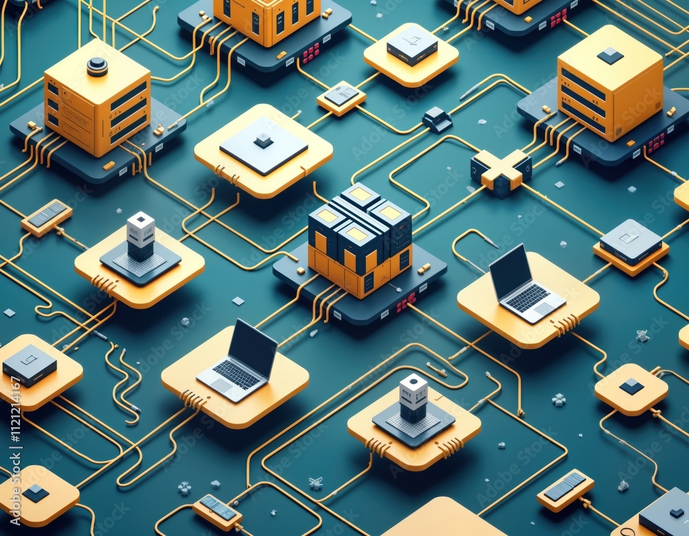 Poster Isometric illustration of complex computer network. Many tech devices connected by lines. Different server racks, laptops. Modern tech infrastructure. Network design. Illustrates digital