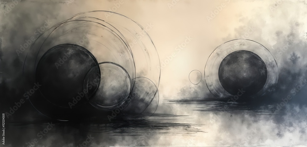 Poster Abstract vintage style circular charcoal painting with soft tones. Dark circles and circular structures. Blending tones create a sense of depth and atmosphere. Perfect for decor or art enthusiasts.