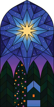 Illustration in stained glass style the Christmas Star of Bethlehem Christmas Holy night church windows frames winter landscape