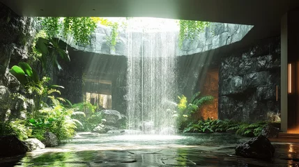 Fototapete Rund Tranquil Indoor Waterfall Oasis with Lush Greenery, Soft Light Filtering through Natural Skylight, Creating a Serene Atmosphere for Relaxation and Meditation © Tyrah
