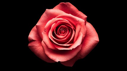 A stunning close-up of a pink rose against a black background, showcasing its delicate petals and...
